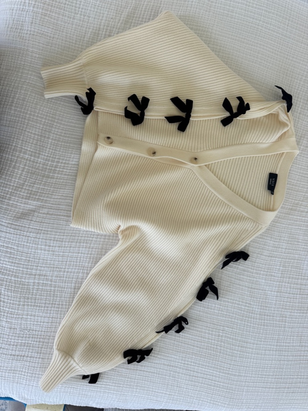 Vici Cream Ribbed Cardigan with Black Bow Trim